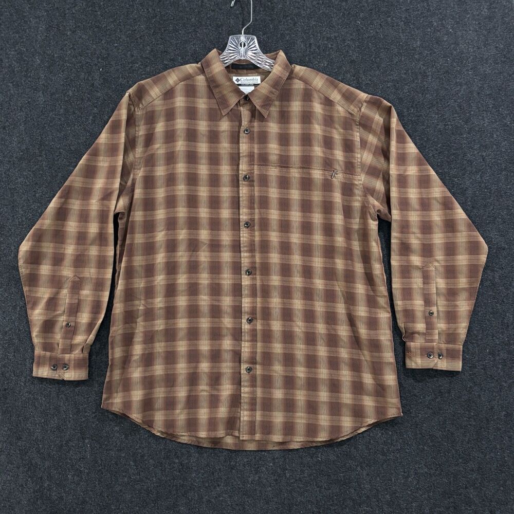 Columbia Shirt Men's XL Brown Plaid Button Down Long Sleeve Zip Pocket Outdoor